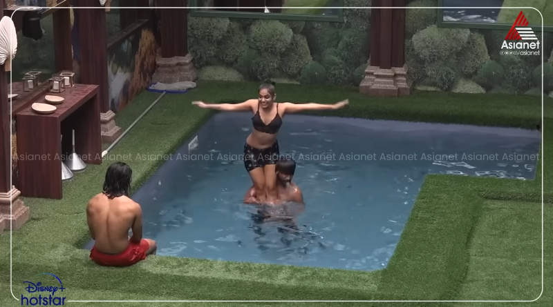 Aiswarya, Midhun, Vishnu , dip in the pool, Bigg Boss Malayalam